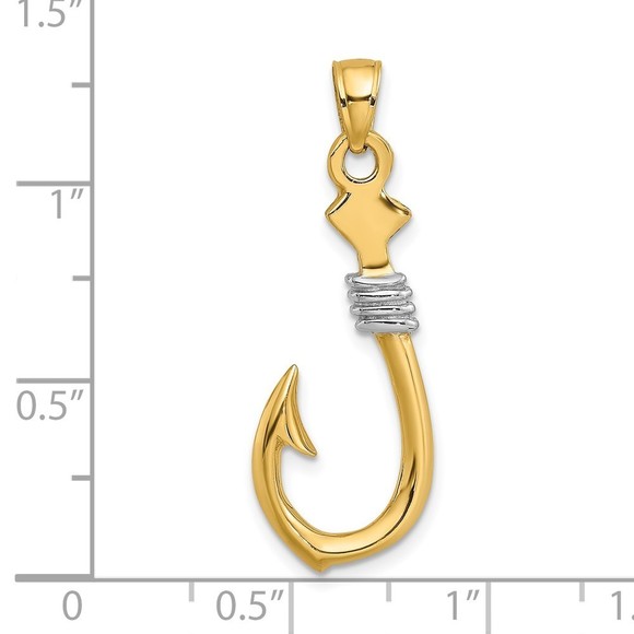 10k Yellow Gold w/Rhodium 3-D Fish Hook With Rope Necklace Charm Pendant